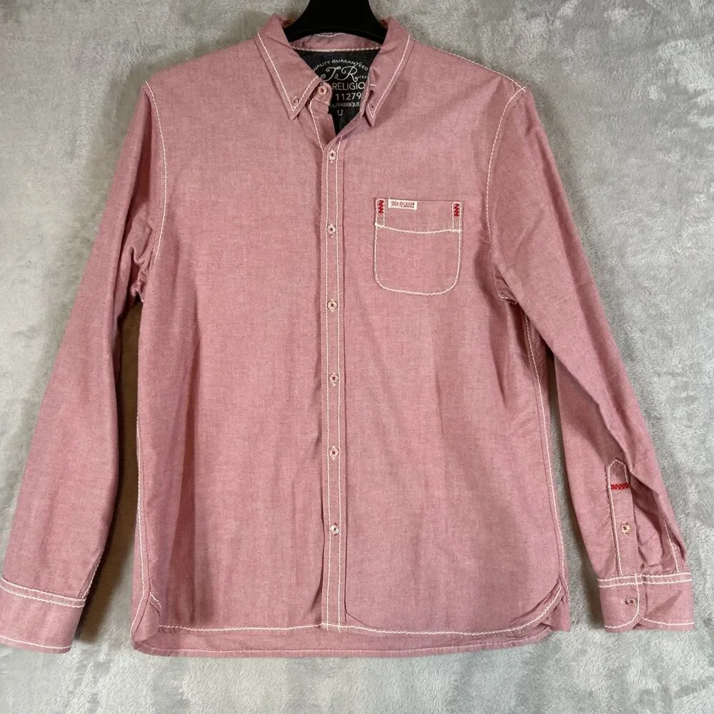 True Religion Red Heavy Stitched Button-Down Tailored Fit Shirt Size XXL